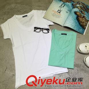 2015-03-07 2015春夏新款V領(lǐng)馬卡龍色短袖純棉套頭T恤純色女式百搭打底背心