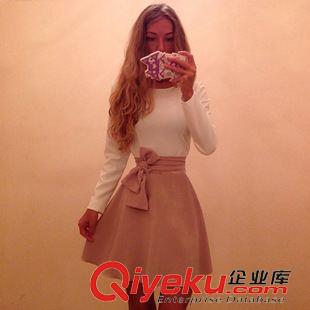 9-8 2014歐美秋季新款女裝 甜美修身連衣裙圓領(lǐng)領(lǐng)長(zhǎng)袖拼色連衣裙原始圖片2