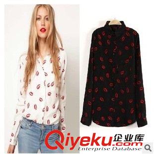 8月15日 歐美百搭 娃娃領(lǐng)紅唇印花長袖襯衫襯衣打底衫女原始圖片3
