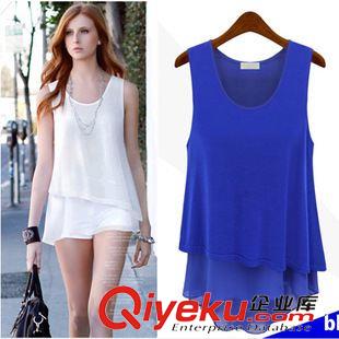 8月15日 2015夏裝新品女裝 糖果色百搭拼接假兩件吊帶背心雪紡裙打底衫原始圖片2