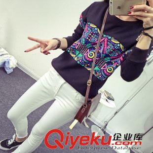 2015秋冬長袖T恤 2015秋季新款大碼女裝寬松圓領長袖復古衛(wèi)衣薄款黑色原始圖片3