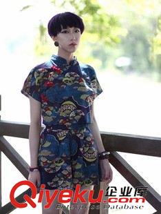 工作服 2015新款復古旗袍真絲桃花印花盤扣長袖立領修身連衣裙 加工定做