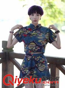 工作服 復(fù)古東瀛風(fēng) 印花短袖露臍裝高腰百搭開叉短褲短袖套裝 貼牌加工原始圖片3