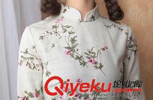 工作服 2015新款復古旗袍真絲桃花印花盤扣長袖立領修身連衣裙 加工定做原始圖片2
