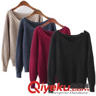 8月下旬上新 2015秋新款簡(jiǎn)約風(fēng)格純色拼接襯衫袖圓領(lǐng)套頭針織毛衣 女 批發(fā)