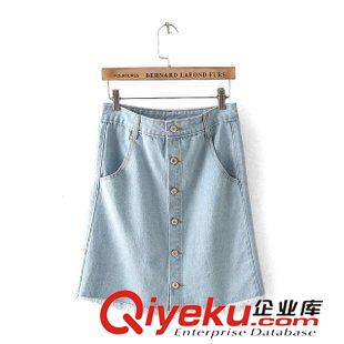 6月中旬上新 2015歐洲站顯瘦百搭單排扣高腰下擺磨破流蘇牛仔半身裙A字裙原始圖片2
