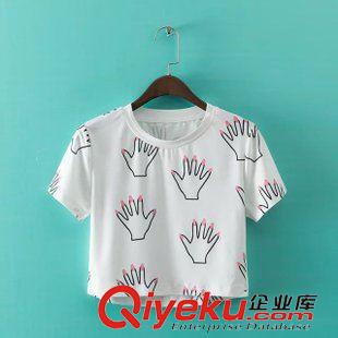 6月上旬上新 2015夏季女裝新款 手指數(shù)碼印花性感露臍超短款T恤 歐美女裝上衣原始圖片2
