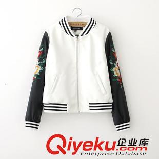 AA 2014秋冬新款刺繡花朵拼接袖立領(lǐng)寬松PU皮衣女外套棒球服 女原始圖片2