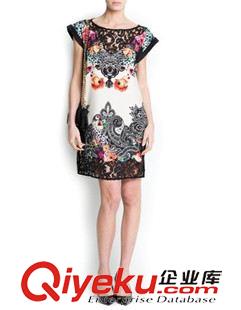 ON 等 2015 春夏 女裝 歐美修身圓領短袖蕾絲鏤空富貴印花連衣裙 女裝原始圖片2