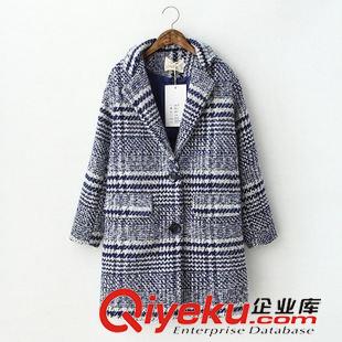 明星同款 2015冬韓國東大門新款單排扣西裝領長款格紋羊毛呢大衣外套女原始圖片2