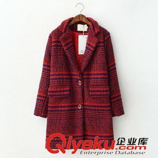 明星同款 2015冬韓國東大門新款單排扣西裝領長款格紋羊毛呢大衣外套女原始圖片3