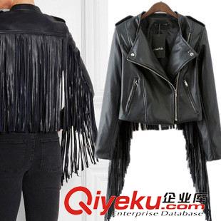 明星同款 歐美秋冬速賣通新款明星款Maje后背長流蘇修身防水機車小皮衣女