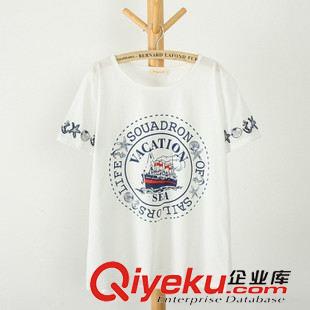 日系森女系小清新 2015小清新學(xué)院海軍風(fēng)夏季字母印花刺繡女生短袖圓領(lǐng)純棉T恤