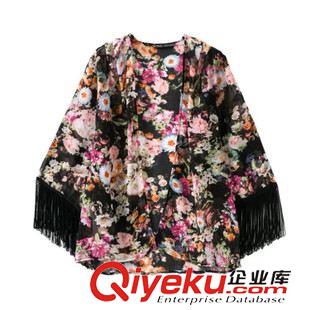 雪紡紗 廠家直銷歐美風(fēng)春季新款女裝 印花流蘇和服式寬松雪紡衫 外貿(mào)好貨