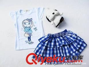 男童/女童套裝 一件代發(fā)童裝批發(fā)2015新款女童純棉卡通印花T恤+格子藍(lán)荷葉裙套裝原始圖片2