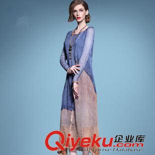 秋季女裝新款 2015秋女裝新款歐美圓領(lǐng)撞色長袖復(fù)古文藝高檔真絲連衣裙長裙原始圖片2