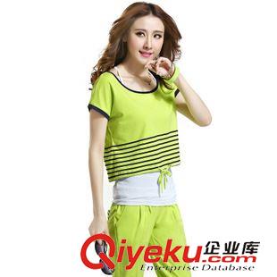 新款1 2015夏季短袖七分褲運(yùn)動(dòng)服套裝 修身?xiàng)l紋衛(wèi)衣三件套 女休閑套裝原始圖片3