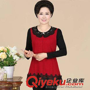 T恤 中老年女裝媽媽裝春秋款 蕾絲圓領套頭鑲鉆大碼媽媽裝T恤打底衫