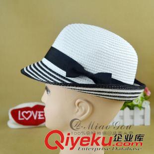 夏日草帽/遮陽帽 韓版夏天英倫男士草帽女士禮帽子沙灘帽黑白條紋蝴蝶結(jié)爵士帽批發(fā)原始圖片3