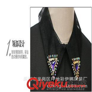 2015年7月上新 2015春季新款中長款娃娃領鑲鉆蕾絲拼接雪紡打底衫連衣裙原始圖片2