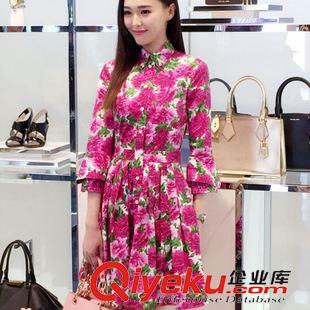 秋款漂亮連衣裙  套裙 （長袖） 2015秋款女裝明星同款花美人玫紅色牡丹印花翻領單排扣襯衫連衣裙