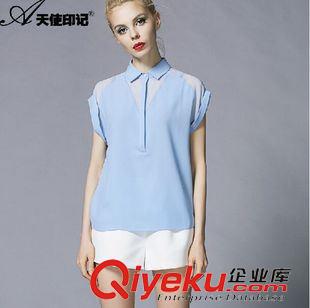 {dy}波 現(xiàn)貨2015春夏裝新品短袖襯衫女拼接襯衣ol職業(yè)雪紡襯衫上衣原始圖片3