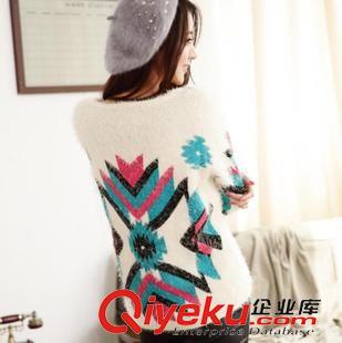 秋冬長(zhǎng)袖毛衣 2015秋冬新款女 韓版撞色幾何圖案馬海毛套頭寬松圓領(lǐng)毛衣原始圖片2