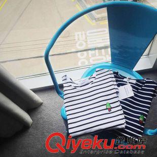 8.30~秋季新品 韓國代購款 15秋小菜頭刺繡條紋寬松T恤 情侶款原始圖片3