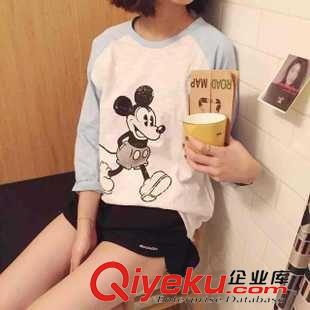 8.6~秋季新品 15秋新款 韓國(guó)休閑風(fēng)插肩袖米奇圖案純棉簡(jiǎn)約長(zhǎng)袖圓領(lǐng)T恤 女原始圖片3