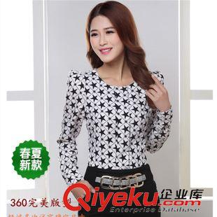 長(zhǎng)袖雪紡衫，蕾絲衫 2015春裝新款氣質(zhì)女裝 英倫風(fēng)時(shí)尚圓領(lǐng)泡泡袖印花長(zhǎng)袖雪紡衫原始圖片2