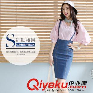 牛仔短褲，短裙 2015春夏新款韓版時尚高腰牛仔性感包臀背帶裙修身顯瘦拼接半身裙原始圖片2
