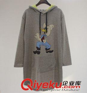 秋.08.31 15秋冬女裝 牛仔鴨子圖案寬松大碼毛圈棉質連帽長款衛(wèi)衣女原始圖片2