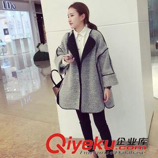 呢子大衣 965#冬季大碼女裝韓國加絨加厚保暖斗篷型七分袖拼接毛呢大衣原始圖片2