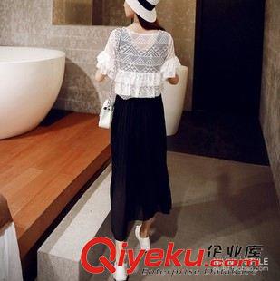 6月份 微信淘寶貨源2015女裝圓領(lǐng)短袖蕾絲外罩無袖背帶套裝百褶連衣裙原始圖片2