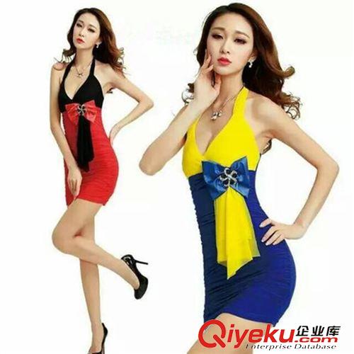 長袖夜店裝 2015年春夏秋季新款時(shí)尚性感修身蝴蝶結(jié)鑲鉆拼色連衣裙原始圖片3