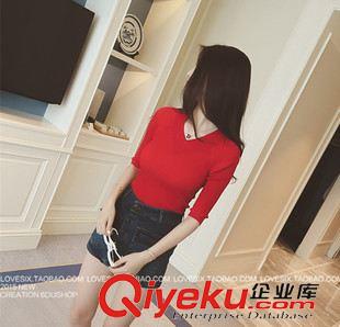 9月份 2015秋裝新款 韓版 七分袖V領(lǐng)針織衫修身顯瘦短女薄款原始圖片2