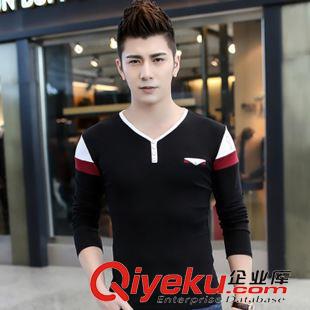 男裝t血衫 2015男裝zp秋款修身打底撞色長袖V領t恤新款 男士純棉打底衫原始圖片2