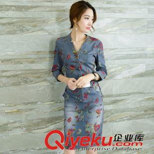 9月20號新款 歐洲站2015秋季新款女裝七分袖印花V領荷葉擺邊牛仔包臀連衣裙潮