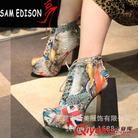 訂單鞋（無(wú)現(xiàn)貨） 訂單鞋SAM EDISON個(gè)性 方高跟防水臺(tái)異形跟涂鴉牛皮靴子zp短靴原始圖片2