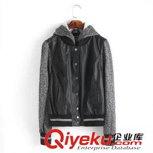 21-25新品 XZ歐洲站2015秋季女裝新款 PU皮拼接長袖連帽抽繩棒球服外套原始圖片2