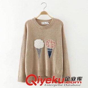 21-25新品 YG韓版潮 秋季新款女裝上衣 圓領(lǐng)胸前卡通冰淇淋圖案毛衣原始圖片2