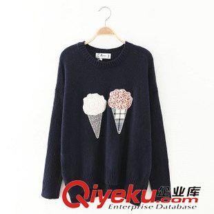 21-25新品 YG韓版潮 秋季新款女裝上衣 圓領(lǐng)胸前卡通冰淇淋圖案毛衣原始圖片3