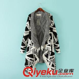 21-25新品 XLY 大翻領(lǐng)幾何圖案針織開衫流蘇拼接毛衣原始圖片2