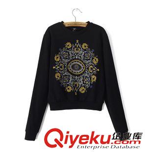 21-25新品 KQ秋季新款女裝上衣 圓領(lǐng)胸前金色圖騰刺繡長(zhǎng)袖衛(wèi)衣