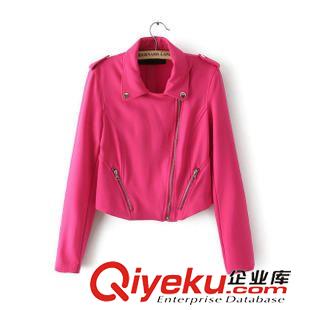 女式皮衣 AM  歐洲站新款外套 翻領斜拉鏈亮色短款夾克外套原始圖片2