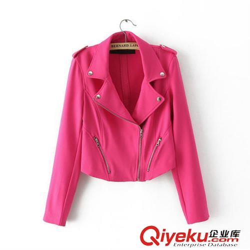 女式皮衣 AM  歐洲站新款外套 翻領斜拉鏈亮色短款夾克外套原始圖片3