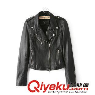 女式皮衣 AM  歐洲站新款外套 翻領斜拉鏈亮色短款夾克外套