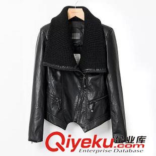 未分類 2015秋冬新款歐洲站女裝水洗PU皮拼接針織領修身顯瘦皮衣女皮外套