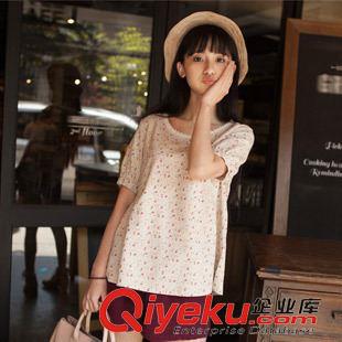 4月爆款 2015女裝t恤 森女系田園碎花米色棉麻拼接領(lǐng)口 文藝范短袖t恤女原始圖片2
