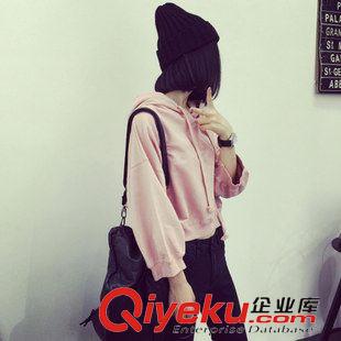 衛(wèi)衣 2015秋 韓版寬松顯瘦短款純色帶帽套頭衛(wèi)衣大碼女裝休閑外套原始圖片2